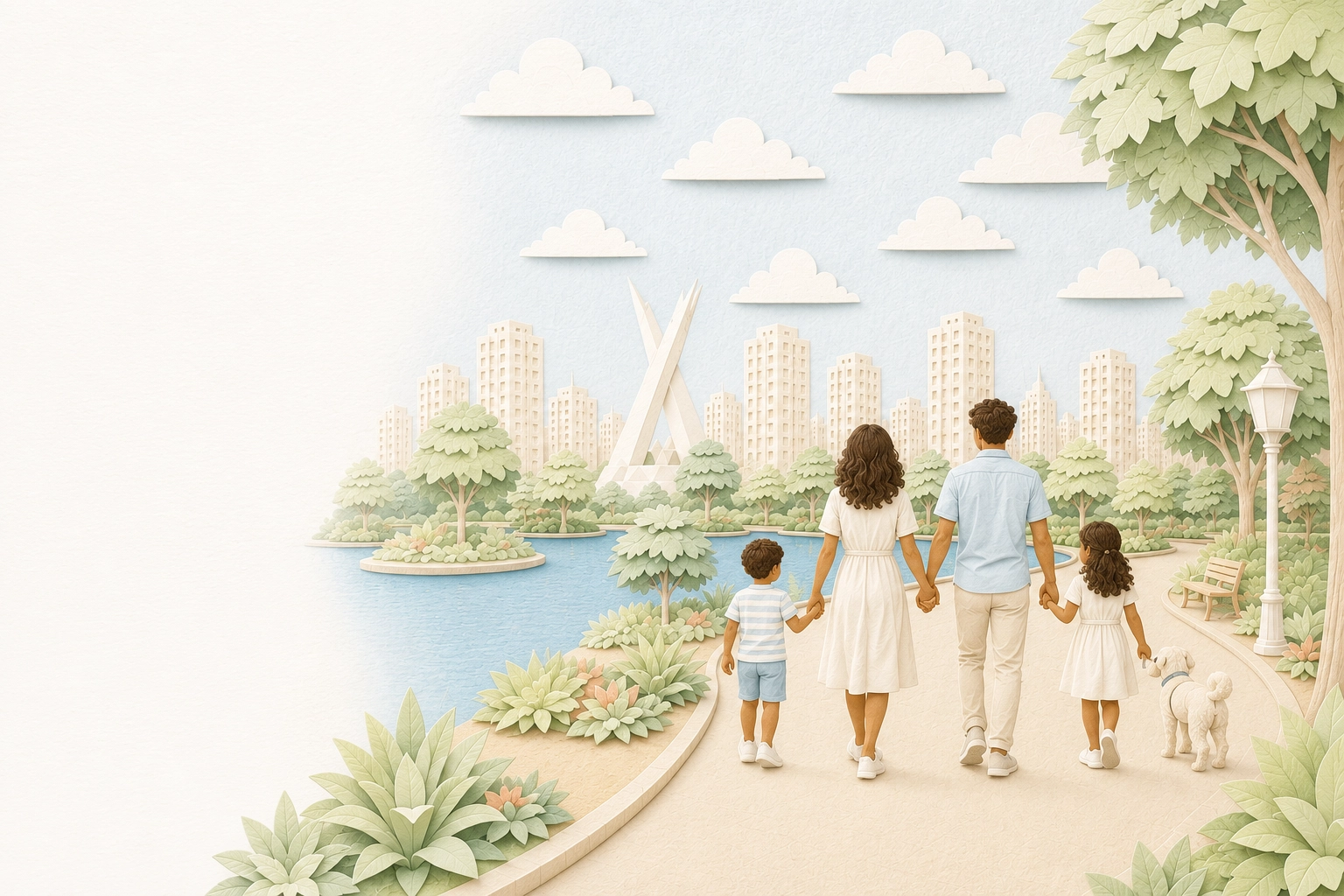 Família caminhando em calçadão, cidade papercraft ao fundo