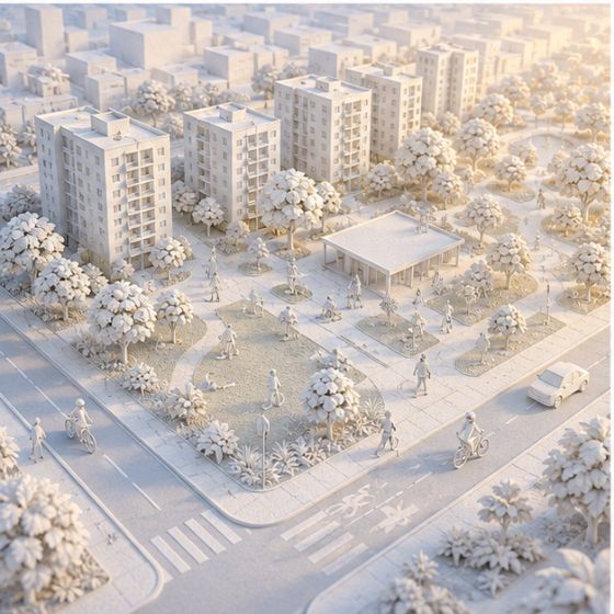 Vista aérea de bairro planejado com praça e prédios